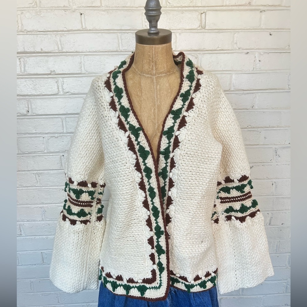 Handmade 70s Bell Sleeve Crocheted Knit Wool Cardigan